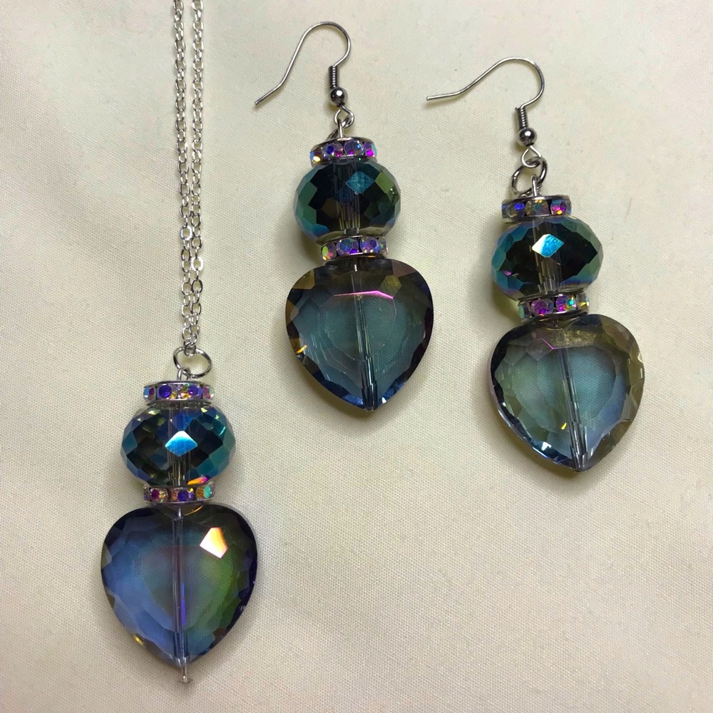 Blue Crystal Heart S925 Silver Chain Necklace Drop Earrings Jewelry Set handmade